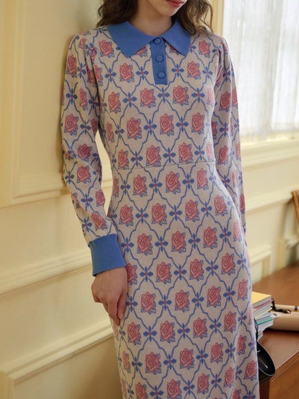 Floral Knit Polo Midi Dress in Pink and Blue